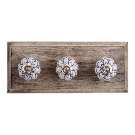Blue Lotus Ceramic Wooden Hooks